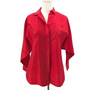 Thai Silk Blouse Red Pleated Front Collared Tunic Top Size 12 Vintage